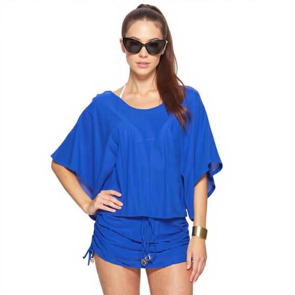 Luli Fama Dress Cover-up Cosita Buena Size XS Blue Scoop Neck Flutter Sleeves - Picture 1 of 9